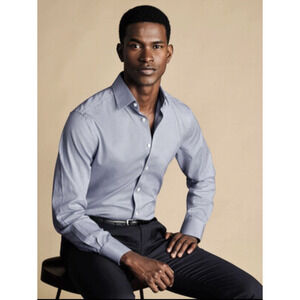 Charles Tyrwhitt Mens Herringbone Slim Fit Long Sleeve Shirt - Blue, Size M